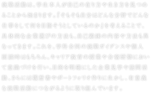 就職活動は、学生本人が自己の在り方や生き方を見つめることから始まります。そもそも自分はどんな分野でどんな仕事をして何を目指そうとしているのかを考えることで、具体的な企業選びの方法も、自己鍛練の内容や方法も異なってきます。これを、学科合同の就職ガイダンスや個人面談時はもちろん、キャリア教育の授業や合宿研修において意識づけを行い、目的を明確にした企業見学や訪問活動、さらには履歴書やポートフォリオ作りに生かし、有意義な就職活動につながるように取り組んでいます。